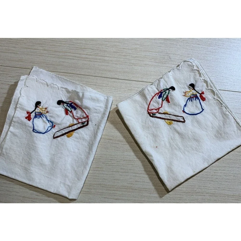 Vintage 2 Square Hankies, Hanky, Embroidered 2 Girls playing on one corner 8.5